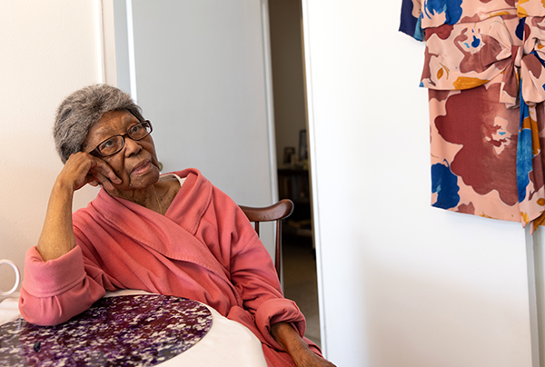 Citymeals on Wheels recipient Girlease in her NYC apartment. She has been getting meals on wheels for many years. 